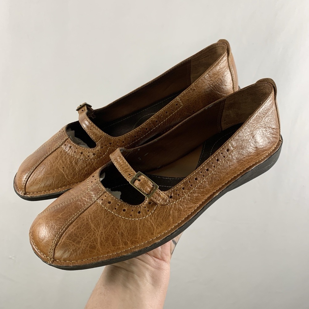 Womens Y2K Twee Leather Mary Jane Buckle Shoes Size 8.5 Cognac Brown Academia